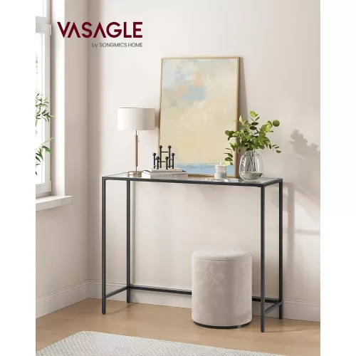 VASAGLE Konzol asztal, edzett üveg asztallap, modern kanapé vagy bejárati asztal, fém váz,
