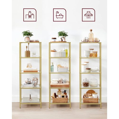 VASAGLE Polc egység, 5 szintes létrás polc, vékony üvegpolc hálószobához, fürdőszobához,