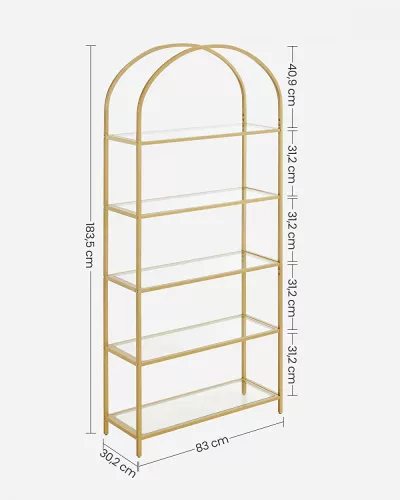 VASAGLE 5 szintes polc, edzett üveg polcrendszer, ívelt design, acél szerkezet, nappalihoz,