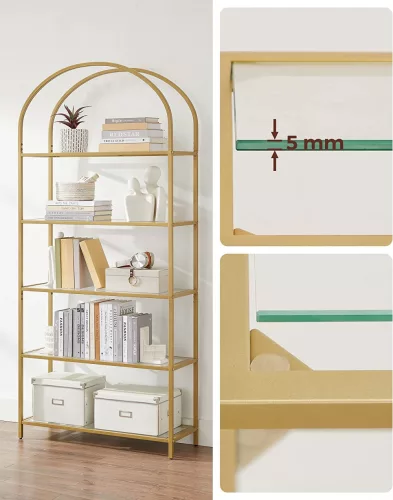VASAGLE 5 szintes polc, edzett üveg polcrendszer, ívelt design, acél szerkezet, nappalihoz,
