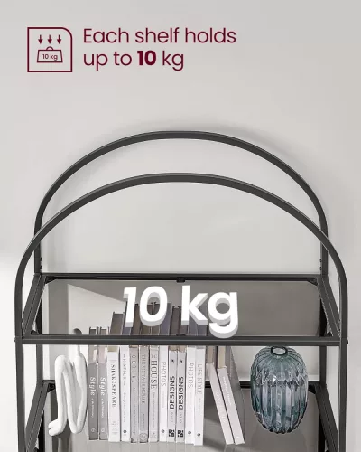 VASAGLE 5 polcos polc, edzett üveg polcrendszer, ívelt design, acél szerkezet, nappali