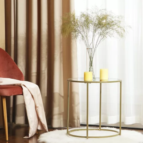 VASAGLE Kerek Oldalasztal, Edzett Üveg Végasztal Arany Fém Kerettel, Kis