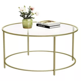 VASAGLE Kerek Dohányzóasztal, Üvegasztal Acél Kerettel, Nappali Asztal, Kanapé