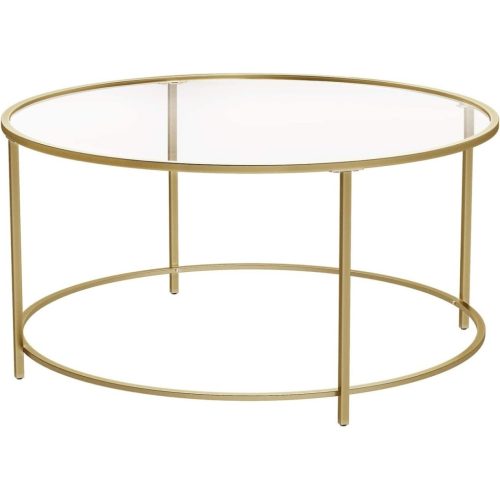 VASAGLE Kerek Dohányzóasztal, Üvegasztal Acél Kerettel, Nappali Asztal, Kanapé