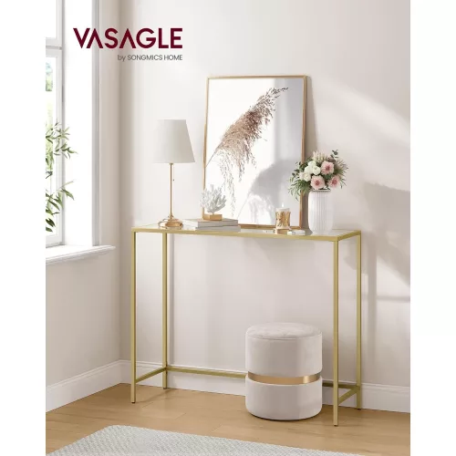 VASAGLE Konzol asztal, edzett üveg asztallap, modern kanapé vagy bejárati asztal, fém váz,