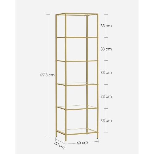 Fém tároló állvány üvegpolcokkal fürdőszobába, konyhába, óarany 40x30x177cm