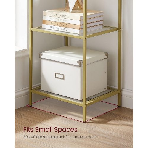 Fém tároló állvány üvegpolcokkal fürdőszobába, konyhába, óarany 40x30x177cm