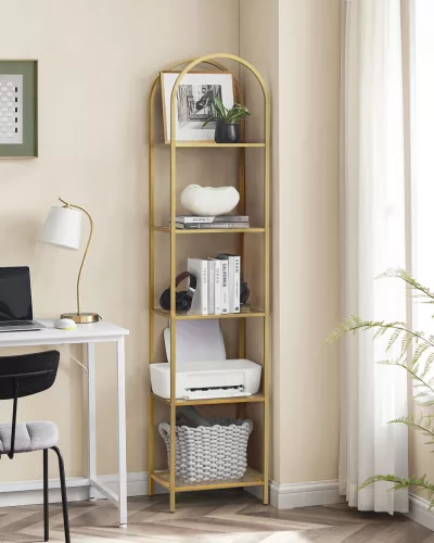 Polc, 5 szintes, ívelt üvegpolc, fém szerkezet, arany és átlátszó, 40 x 30 x 183 cm