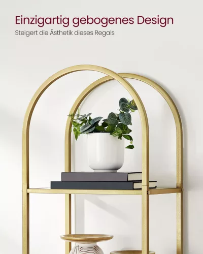 Polc, 5 szintes, ívelt üvegpolc, fém szerkezet, arany és átlátszó, 40 x 30 x 183 cm