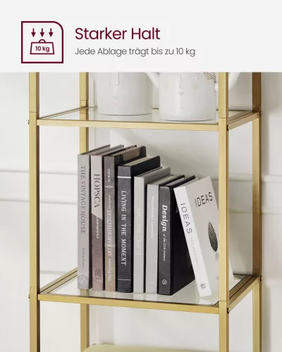 Polc, 5 szintes, ívelt üvegpolc, fém szerkezet, arany és átlátszó, 40 x 30 x 183 cm