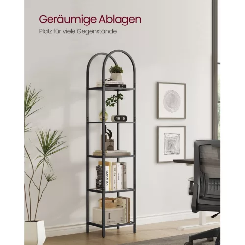 VASAGLE 5 szintes polc, edzett üveg polcos egység, ívelt kialakítás, acélszerkezet,