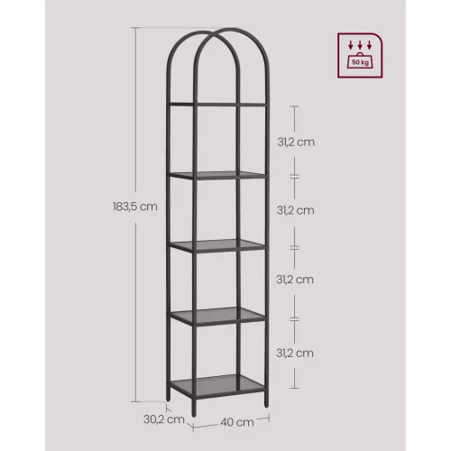 VASAGLE 5 szintes polc, edzett üveg polcos egység, ívelt kialakítás, acélszerkezet,