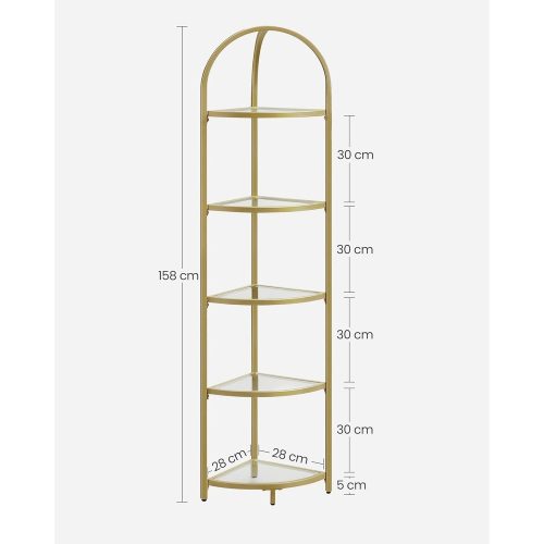 Fém tároló sarok polc üvegpolcokkal fürdőszobába, konyhába, óarany 28x28x158cm