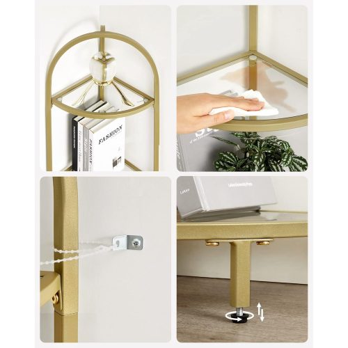 Fém tároló sarok polc üvegpolcokkal fürdőszobába, konyhába, óarany 28x28x158cm