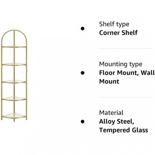 Fém tároló sarok polc üvegpolcokkal fürdőszobába, konyhába, óarany 28x28x158cm