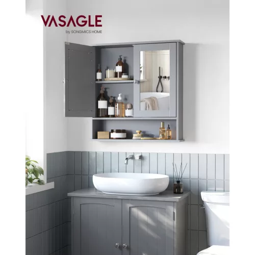 Tükrös fürdőszobai szekrény, falra szerelhető, állítható polccal, szürke