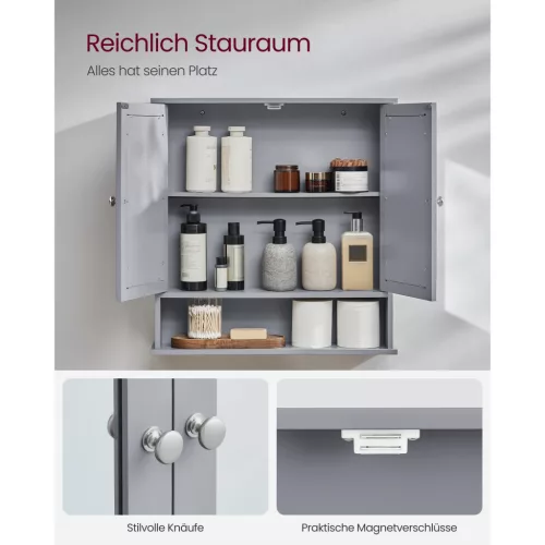 Tükrös fürdőszobai szekrény, falra szerelhető, állítható polccal, szürke