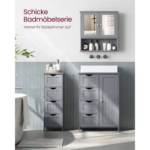 Tükrös fürdőszobai szekrény, falra szerelhető, állítható polccal, szürke