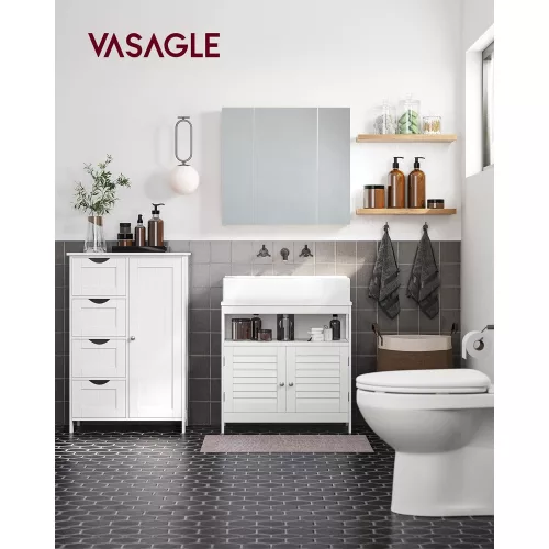 VASAGLE Fürdőszobai padlószekrény, fa tároló egység 4 fiókkal, egy ajtóval, állítható