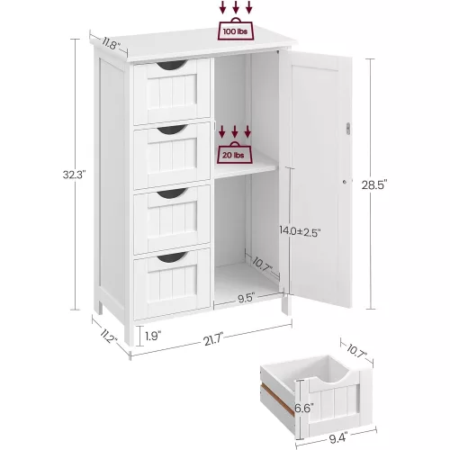 VASAGLE Fürdőszobai padlószekrény, fa tároló egység 4 fiókkal, egy ajtóval, állítható