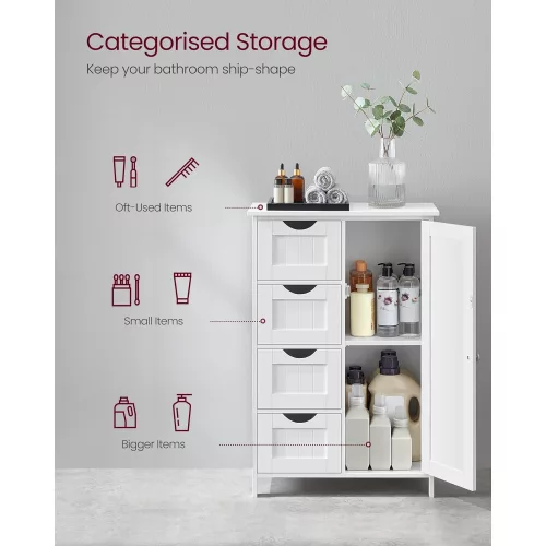 VASAGLE Fürdőszobai padlószekrény, fa tároló egység 4 fiókkal, egy ajtóval, állítható