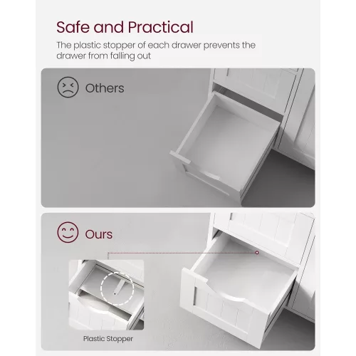 VASAGLE Fürdőszobai padlószekrény, fa tároló egység 4 fiókkal, egy ajtóval, állítható