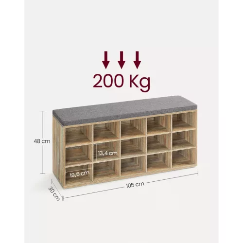 Cipőtároló pad, ülőfelülettel, 15 nyitott tárolórekesszel, tölgy és kék