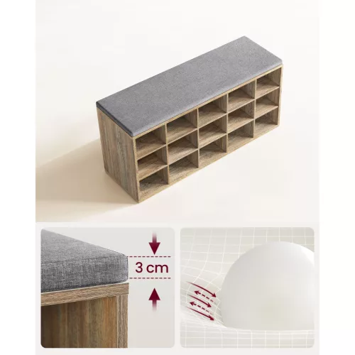 Cipőtároló pad, ülőfelülettel, 15 nyitott tárolórekesszel, tölgy és kék