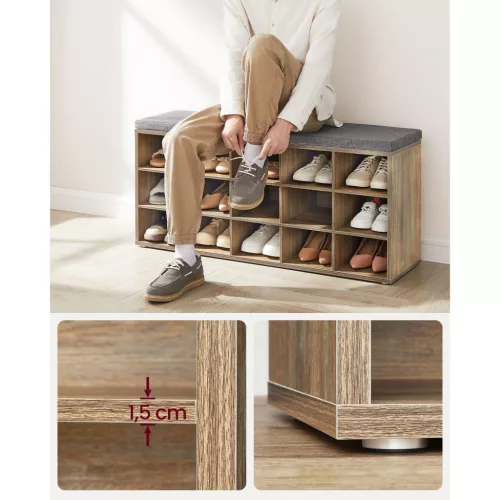 Cipőtároló pad, ülőfelülettel, 15 nyitott tárolórekesszel, tölgy és kék