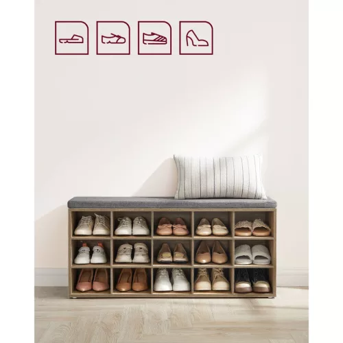 Cipőtároló pad, ülőfelülettel, 15 nyitott tárolórekesszel, tölgy és kék