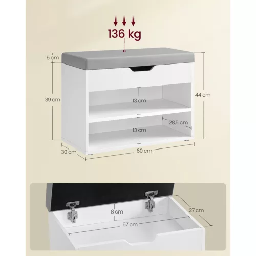 Cipőtároló pad, párnázott ülőfelülettel, három szinttel, felnyitható, felhő