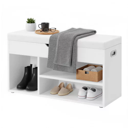 Cipőtároló pad, párnázott ülőfelülettel, 3 rekesszel, fehér 100x30x44cm