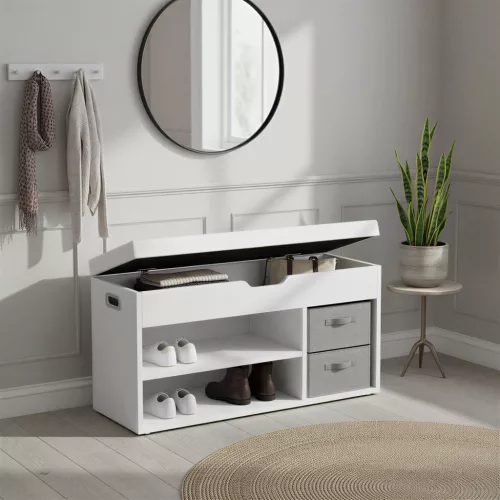 Cipőtároló pad, párnázott ülőfelülettel, 3 rekesszel, fehér 100x30x44cm