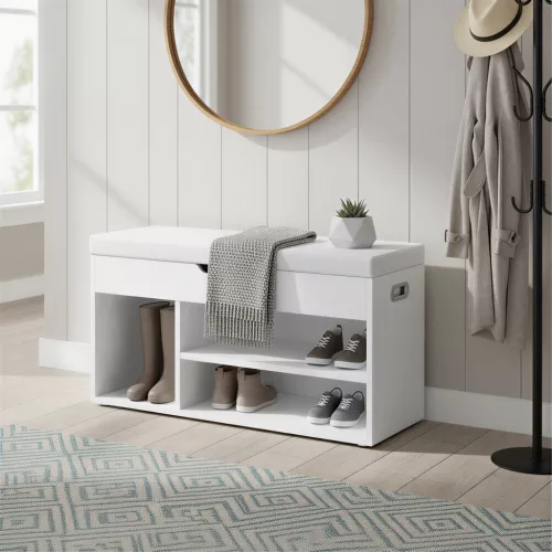 Cipőtároló pad, párnázott ülőfelülettel, 3 rekesszel, fehér 100x30x44cm