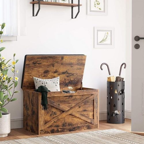 VASAGLE Cipős pad, párnázott tároló pad, tároló ládás szekrény, pajtaajtós stílus, 29,9