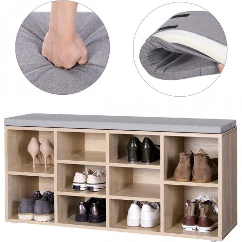 VASAGLE Cipőpad, Cipőtartó, Tárolószekrény, 10 rekesz, Párnával, Bejárati szekrényhez, 104