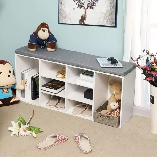 Cipőtároló pad, 10 rekesszel, párnázott ülőfelülettel, fehér 104x30x48cm