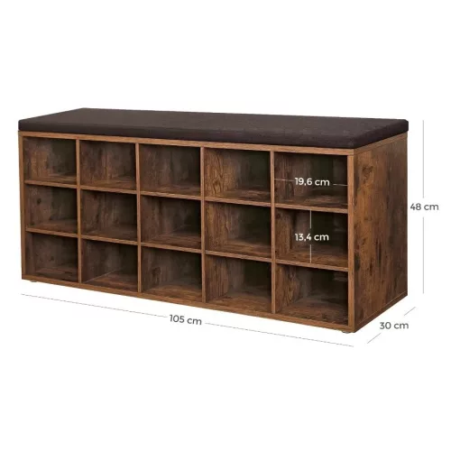 Cipőtartó pad, ülőfelülettel, 15 nyitott tárolórekesszel, rusztikus barna, 105 x