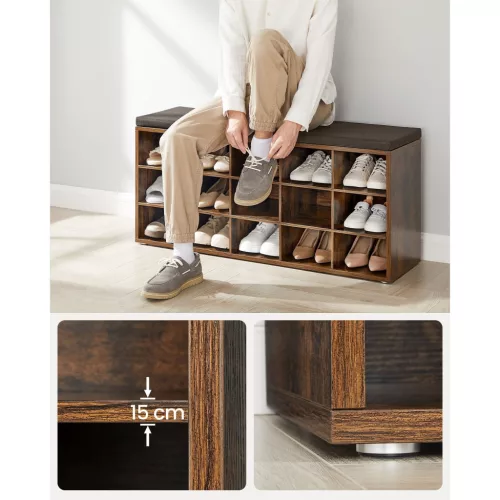 Cipőtartó pad, ülőfelülettel, 15 nyitott tárolórekesszel, rusztikus barna, 105 x