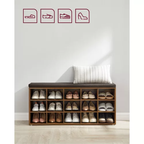 Cipőtartó pad, ülőfelülettel, 15 nyitott tárolórekesszel, rusztikus barna, 105 x