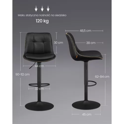 Magasságban állítható forgós bárszék, kárpitozott PU, fekete, 43 x 48 x 93-114 cm