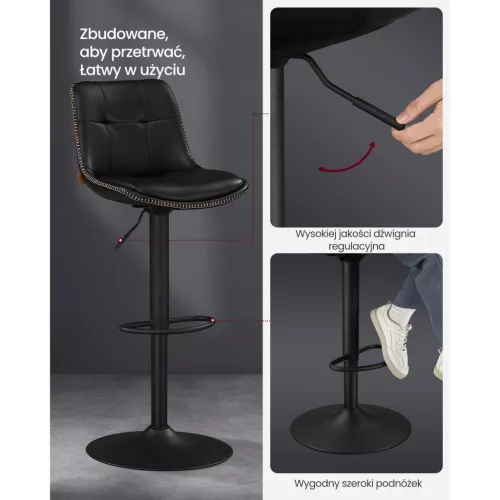 Magasságban állítható forgós bárszék, kárpitozott PU, fekete, 43 x 48 x 93-114 cm