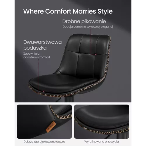 Magasságban állítható forgós bárszék, kárpitozott PU, fekete, 43 x 48 x 93-114 cm