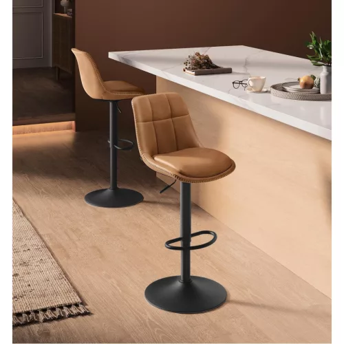 Bárszék 2 db, varrott műbőr borítás, háttámlával, állítható, barna