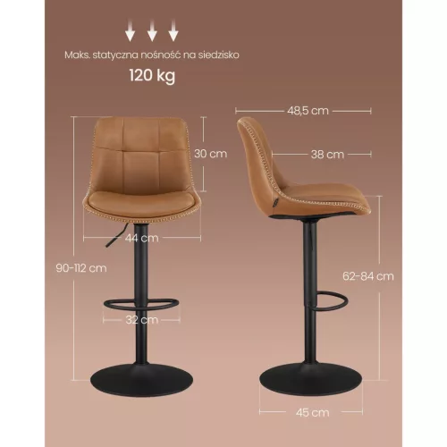 Bárszék 2 db, varrott műbőr borítás, háttámlával, állítható, barna