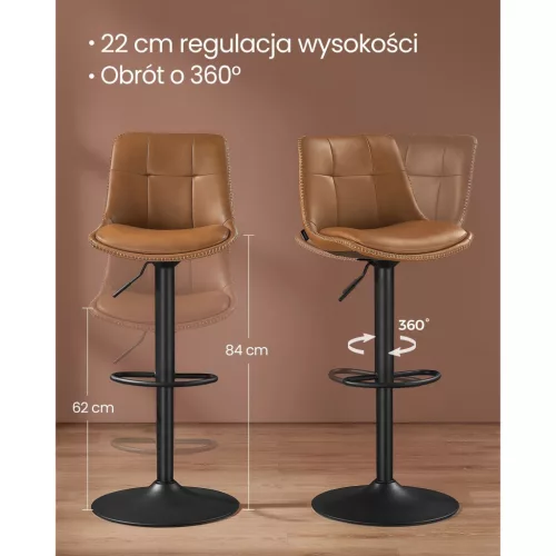 Bárszék 2 db, varrott műbőr borítás, háttámlával, állítható, barna