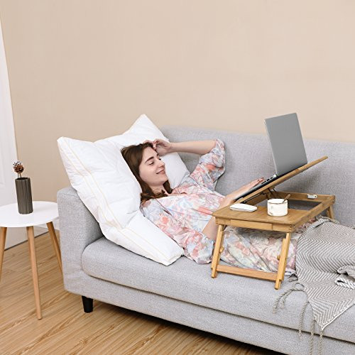 SONGMICS Bambusz laptop asztal, összecsukható ágyas asztal, magasság állítható kanapé