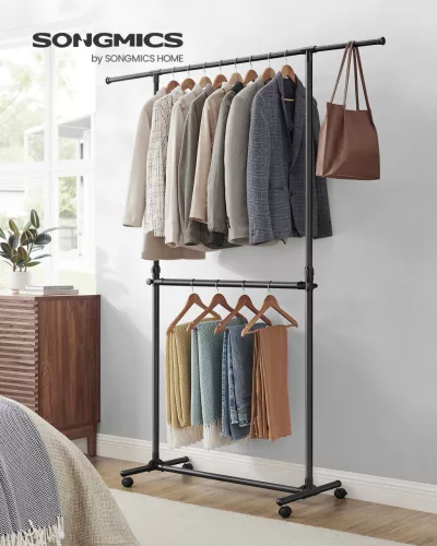 Álló ruhafogas, állítható magasságú, kerekekkel, fekete 113-180 cm