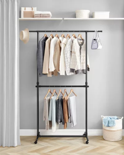 Álló ruhafogas, állítható magasságú, kerekekkel, fekete 113-180 cm