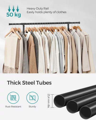 Álló ruhafogas, állítható magasságú, kerekekkel, fekete 113-180 cm